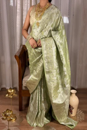 Haritprabha (हरितप्रभा) – Celestial Pistachio Silk Saree with intricate Zardozi hand embroidery
