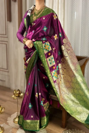 Manikyini (माणिक्यिनी) – Royal Purple Silk Saree with Green-Gold Zari , Stonework