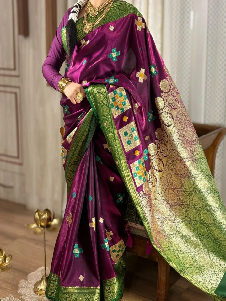 Manikyini (माणिक्यिनी) – Royal Purple Silk Saree with Green-Gold Zari , Stonework