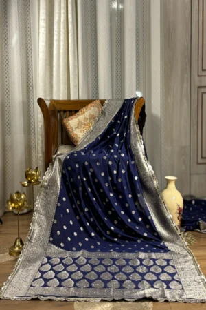 Neelshobha (नीलशोभा) – Midnight Sapphire Silk Saree with Silver Zardozi Handwork