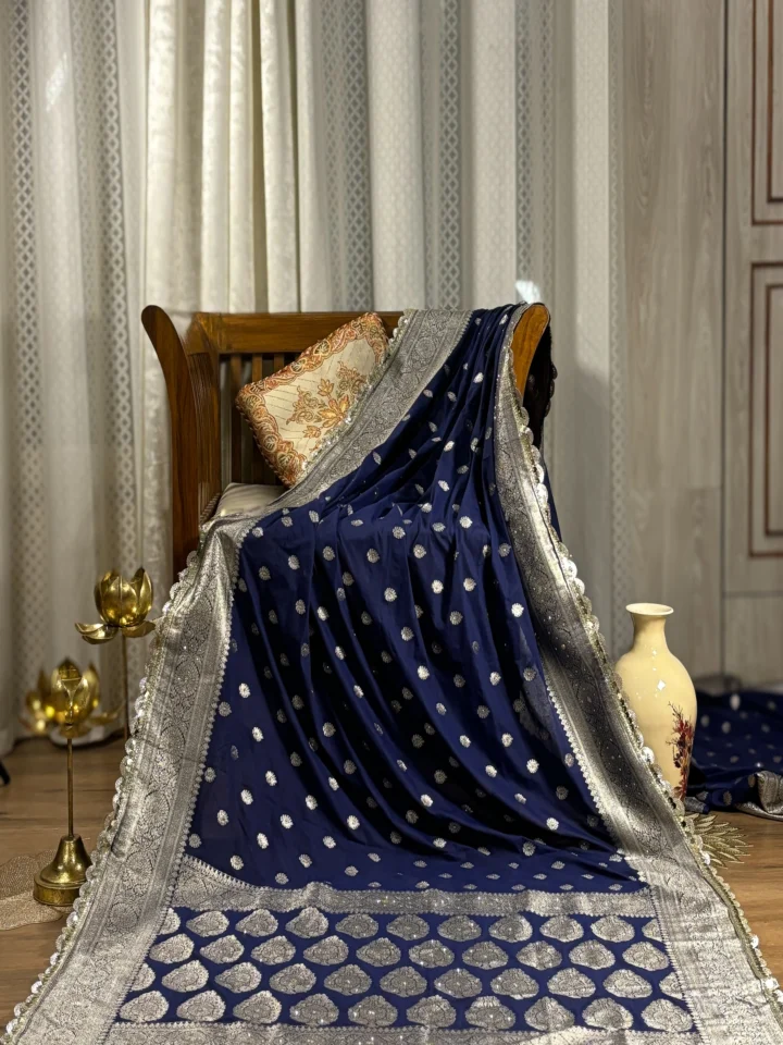 Neelshobha (नीलशोभा) – Midnight Sapphire Silk Saree with Silver Zardozi Handwork