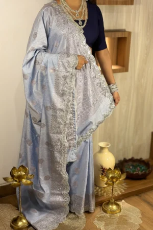 Himprabha (हिमप्रभा) – The Icy Blue Radiance Silk Saree with Silver Threadwork & Crystal Embellishments