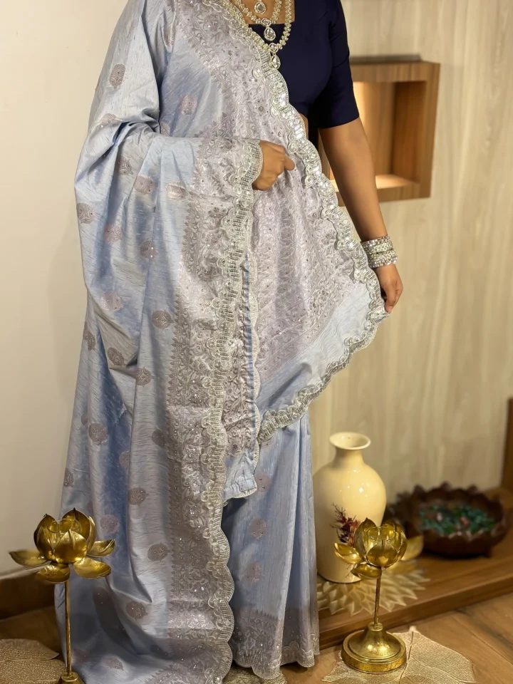 Himprabha (हिमप्रभा) – The Icy Blue Radiance Silk Saree with Silver Threadwork & Crystal Embellishments