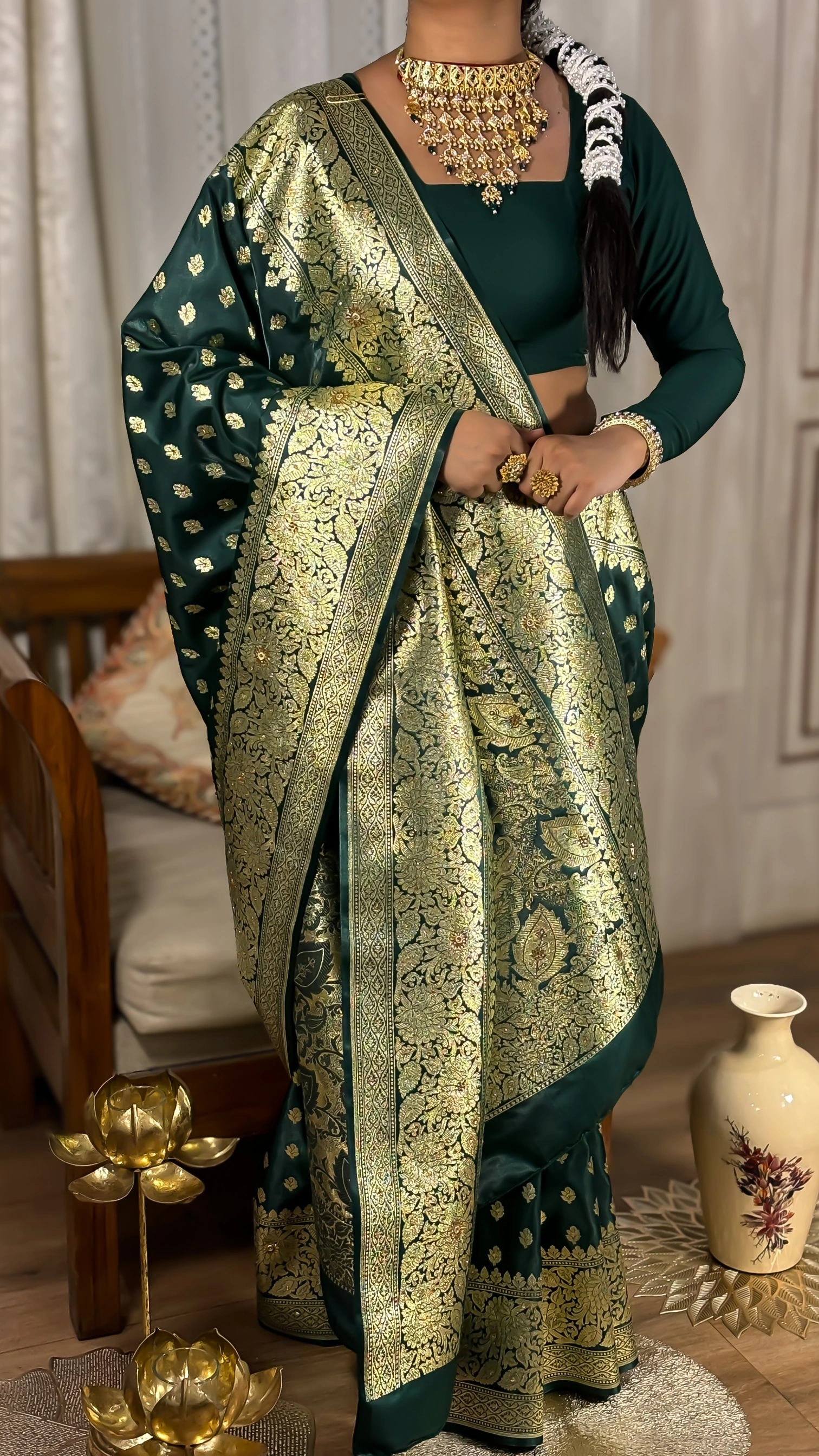 Vansundari (वनसुंदरी) – The Forest-Born Radiance with golden Zari and Stone work