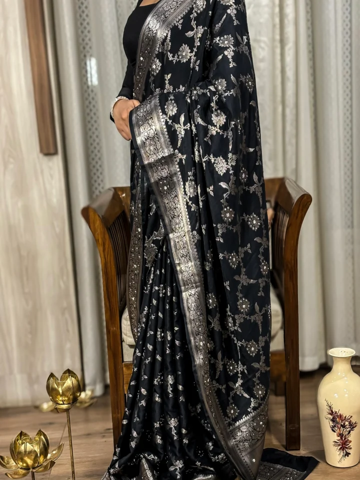 Tarangini (तरंगिणी) –The Midnight Black Silk with Antique Silver Weave & Handwork stones