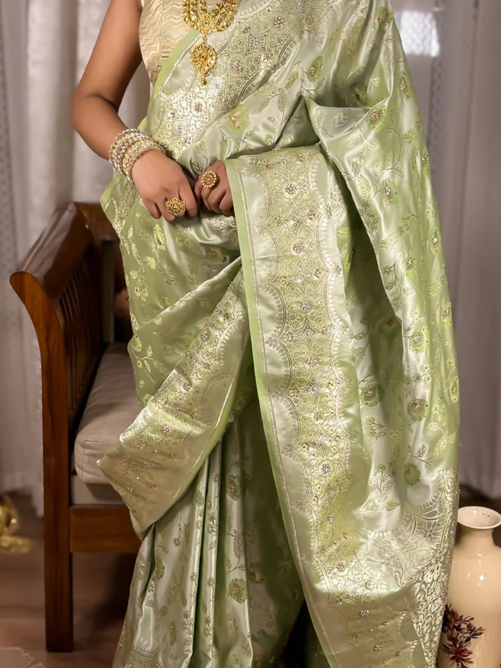 Haritprabha (हरितप्रभा) – Celestial Pistachio Silk Saree with intricate Zardozi hand embroidery