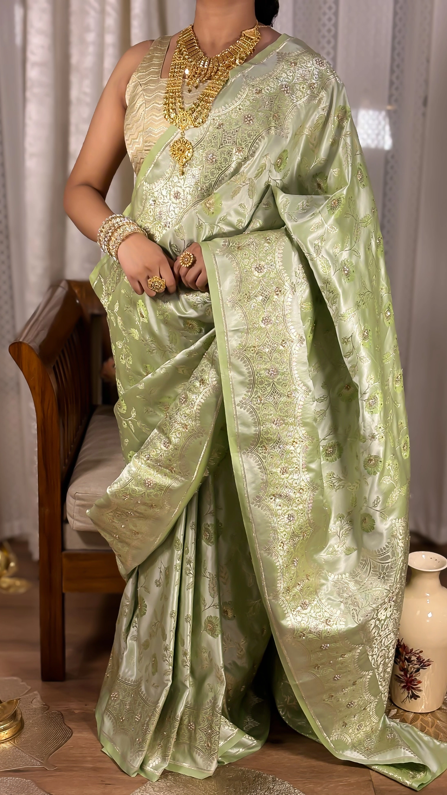 Haritprabha (हरितप्रभा) – Celestial Pistachio Silk Saree with intricate Zardozi hand embroidery