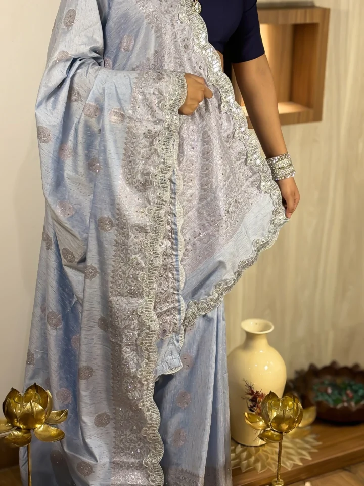 Himprabha (हिमप्रभा) – The Icy Blue Radiance Silk Saree with Silver Threadwork & Crystal Embellishments