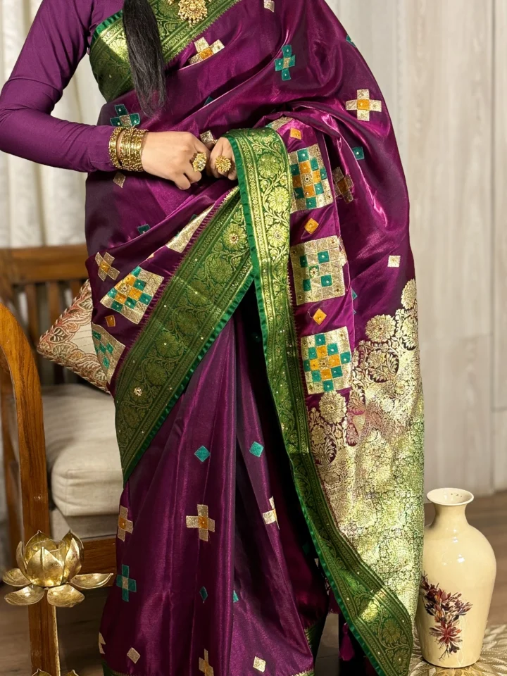 Manikyini (माणिक्यिनी) – Royal Purple Silk Saree with Green-Gold Zari , Stonework