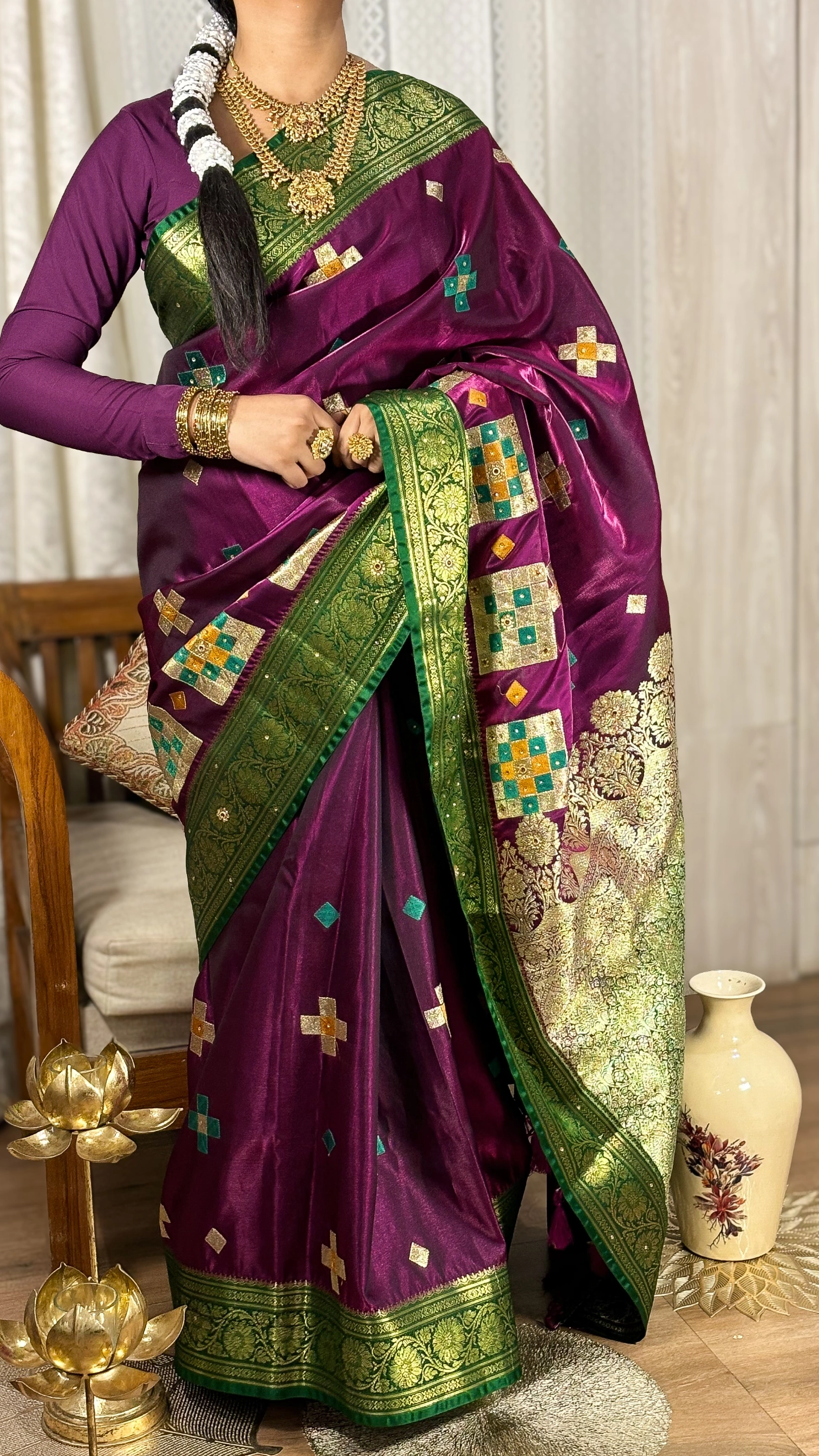 Manikyini (माणिक्यिनी) – Royal Purple Silk Saree with Green-Gold Zari , Stonework