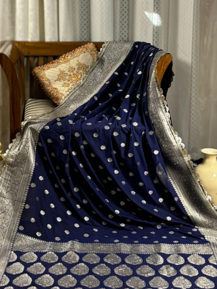 Neelshobha (नीलशोभा) – Midnight Sapphire Silk Saree with Silver Zardozi Handwork
